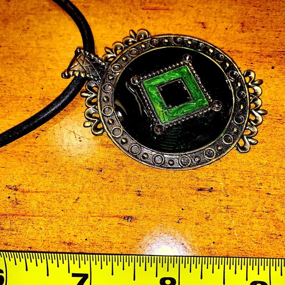 Two Tone Emerald Green Enamel Talisman/BOHO CHIC Pendent - Picture 3 of 5